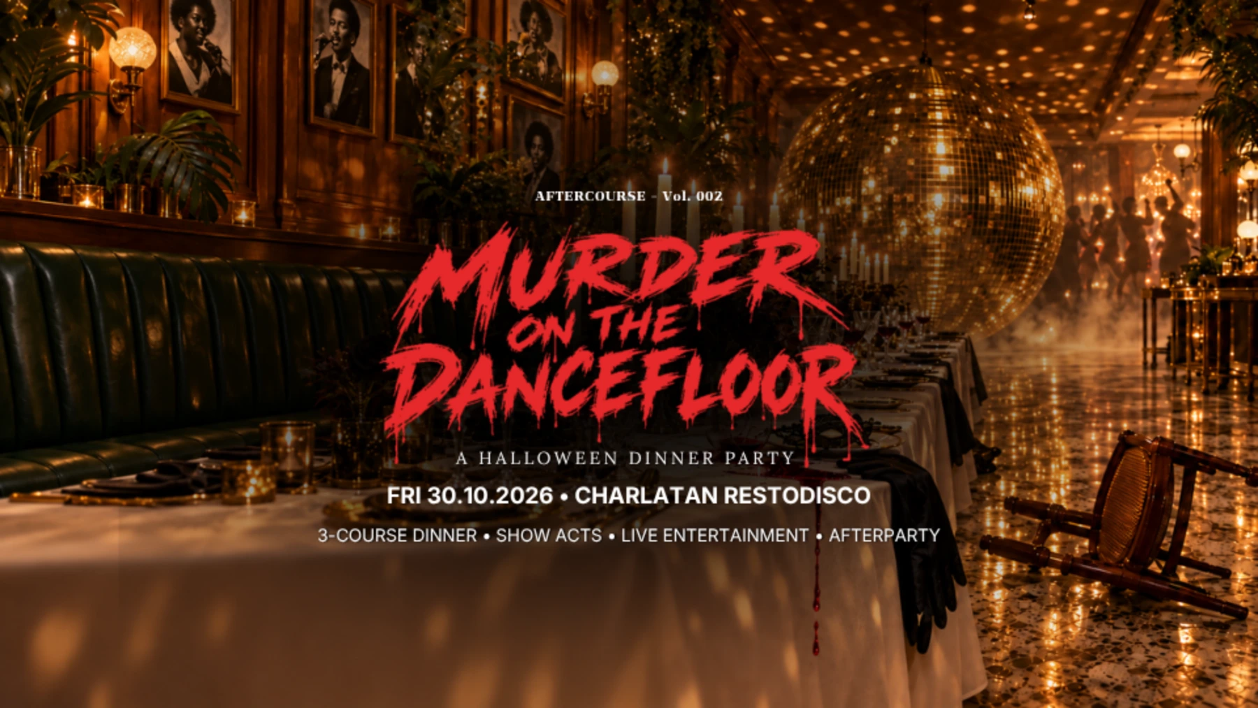 Official Murder on the Dancefloor artwork: red lettering over a candlelit disco restaurant with a mirror ball